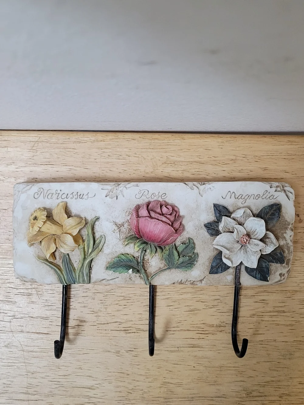 Vintage Style Floral Hook Rack with Pink Rose, Yellow Narcissus & White Magnolia
